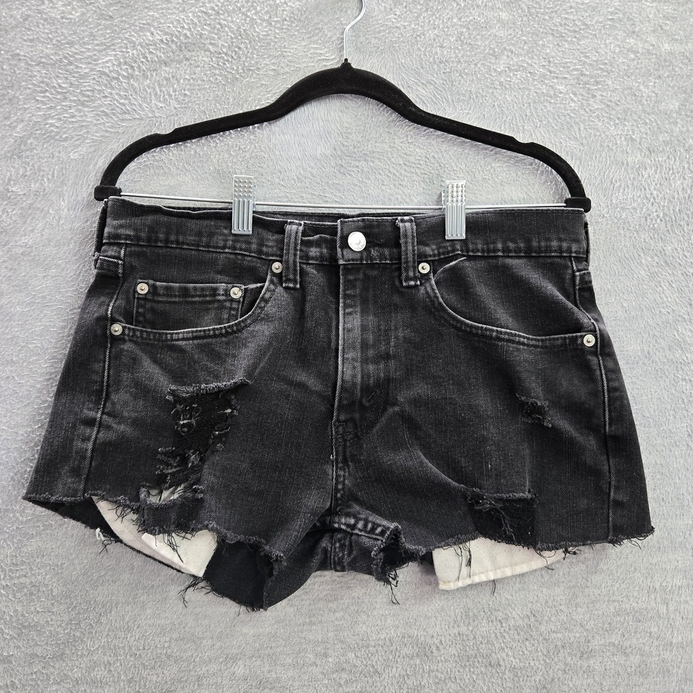 Levi's 559 Women Shorts 32 Black Denim Cutoff Distressed Raw Hem 2" Inseam READ